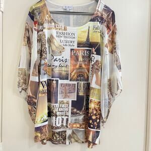Vtg Embollished Paris Graphic Top Sz S Luxury Style Tunic Boho Resort Vacation.